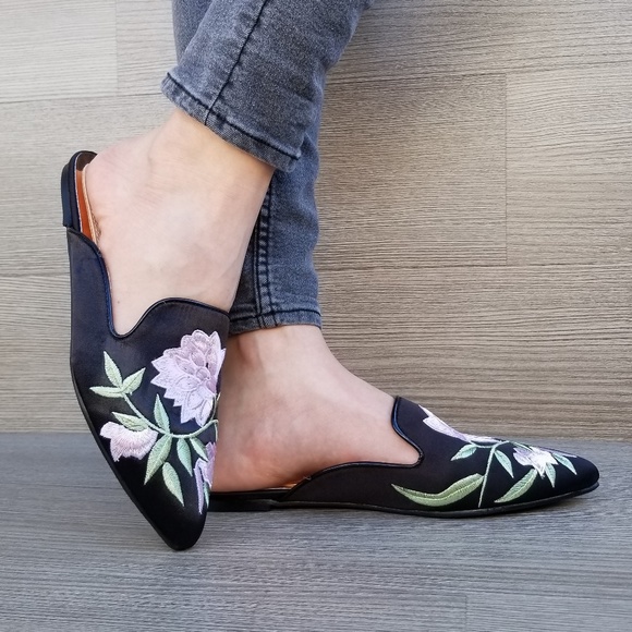 Embroider Flower on Black Satin Mule Loafer-D - Picture 5 of 8